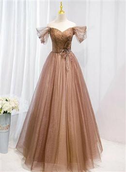 Picture of Champagne Off Shoulder Beaded A-line Tulle Long Party Dresses, Long Evening Gown